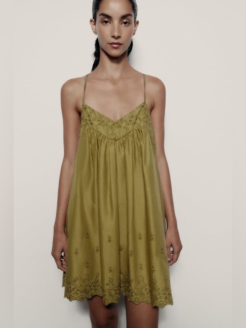 Zara Olive Embroidered Slip Dress